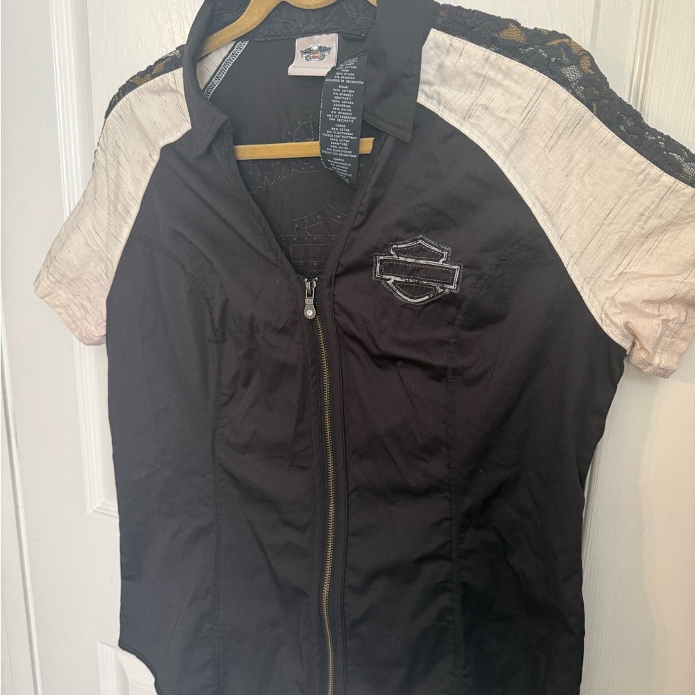 Harley-Davidson  Zipper Collared Work Shirt Sz L Women’s Lace Trim Color Block
